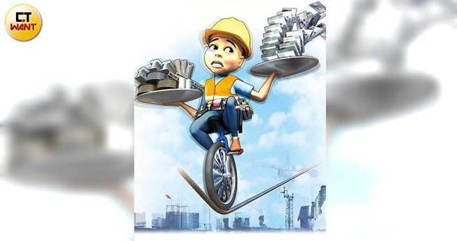 原物料飙涨下，体质不佳的中小型建商、营造厂及承包商承受相当大的资金周转压力，犹如走钢索般岌岌可危。（图／许文伟绘）