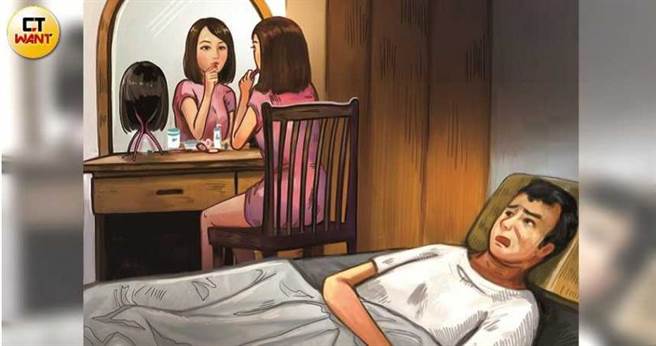 近年来，小娟经常在老公入睡后妆扮自己，偷偷外出与友欢唱饮酒至天亮。（图／本刊绘图组）