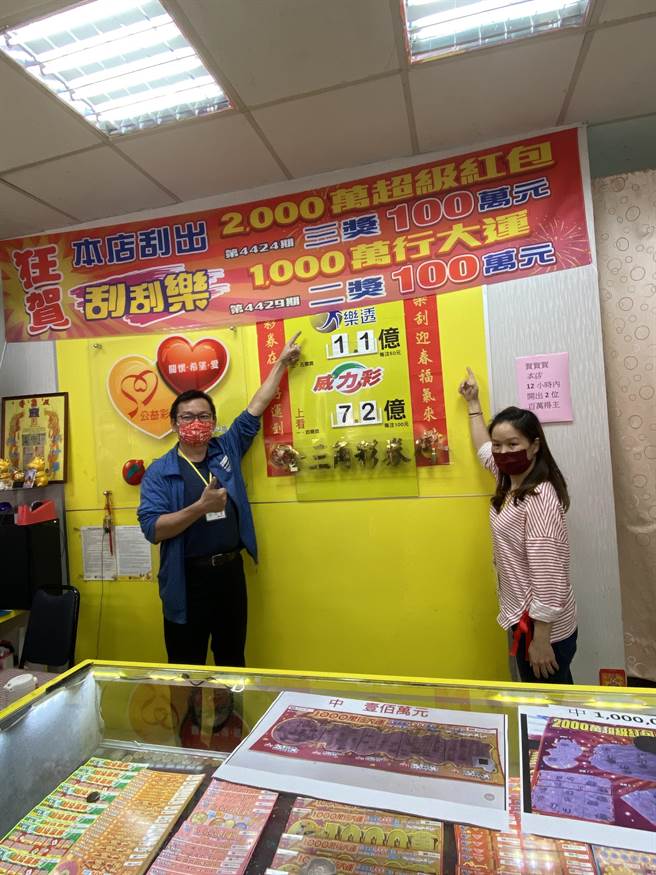 台北市大同区的「金三角彩券行」，大年初四于12小时内连开两个百万刮刮乐大奖，轮流顾店的陈小姐(右)与先生(左)直呼好幸运。(洪凯音摄影)