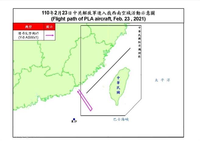 共机进入我西南防空识别区示意图。空军提供