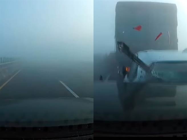 駕駛在濃霧中竟完全不減速，還一路跟著音樂吹口哨，未開大燈、閃黃燈警示等，高速狂飆下，最後才在前方發現事故，但剎車來不及，大叫之下直接撞上。（圖／翻攝自臉書「八卦村－行車紀錄器影片上傳中心」影片截圖）