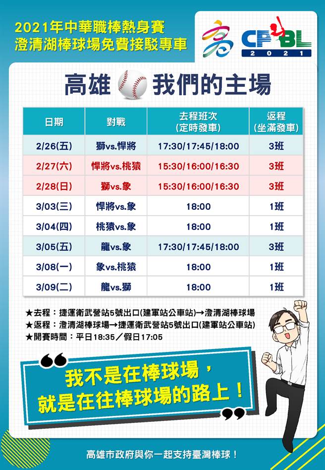 中职官办热身赛在澄清湖棒球场进行的赛事，高雄市政府将推出免费接驳专车服务球迷。（高雄市政府提供／廖德修台北传真）