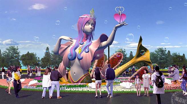 主花毯为高达5公尺的「爱神美人鱼」(桃园市政府农业局提供)