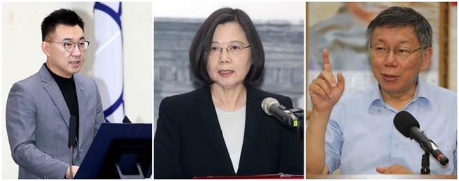 国民党主席江启臣（左）、身兼民进党主席的总统蔡英文（中）、民眾党主席柯文哲（右）。（图/本报资料照）