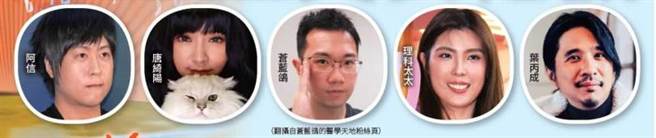 台湾各领域的意见领袖包括五月天主唱阿信（左一）、国师唐绮阳（左二）、台大医生苍蓝鸽（中）、网红理科太太（右二）、台大教授叶丙成（右一）常活跃在Club House的各个房间中。（图／翻摄自各人脸书专页）