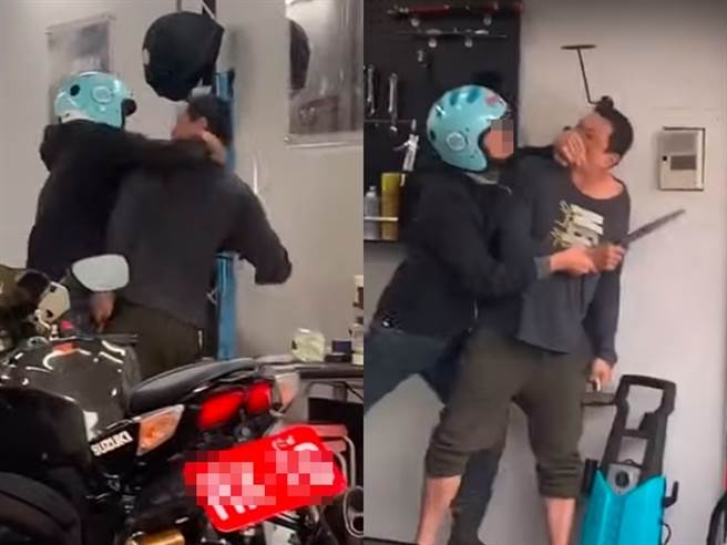 网路近来流传一段衝突影片，一名男子手持锯子衝进机车店，与机车店老板起了争执，对方也拿起店内的铁槌作势攻击。（图／翻摄自youtube）