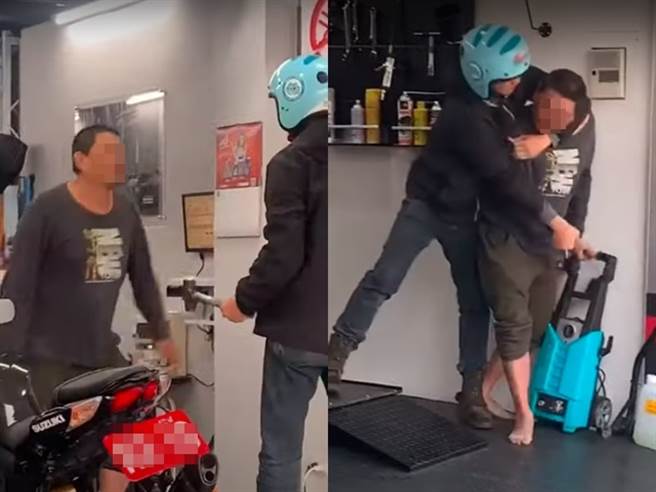 网路近来流传一段衝突影片，一名男子手持锯子衝进机车店，与机车店老板起了争执，对方也拿起店内的铁槌作势攻击。（图／翻摄自youtube）