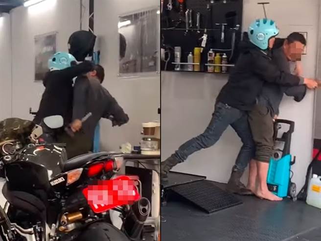网路近来流传一段衝突影片，一名男子手持锯子衝进机车店，与机车店老板起了争执，对方也拿起店内的铁槌作势攻击。（图／翻摄自youtube）