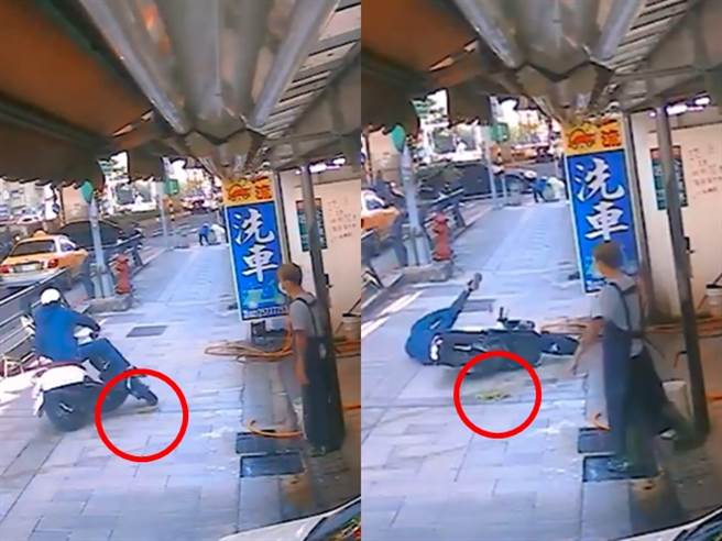 老板将抹布丢在店外的人行道上，不料一辆机车恰巧骑上人行道，并不偏不倚地辗过抹布，导致整辆车倾斜摔倒。（图／翻摄自脸书「爆废公社公开版」影片）