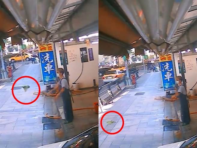 老板将抹布丢在店外的人行道上，不料一辆机车恰巧骑上人行道，并不偏不倚地辗过抹布，导致整辆车倾斜摔倒。（图／翻摄自脸书「爆废公社公开版」影片）