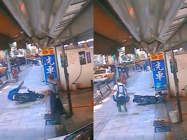 老板将抹布丢在店外的人行道上，不料一辆机车恰巧骑上人行道，并不偏不倚地辗过抹布，导致整辆车倾斜摔倒。（图／翻摄自脸书「爆废公社公开版」影片）