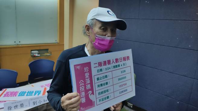 藻礁公投領銜人潘忠政表示，距離目標的35萬份仍差約22萬餘份。（林良齊攝）