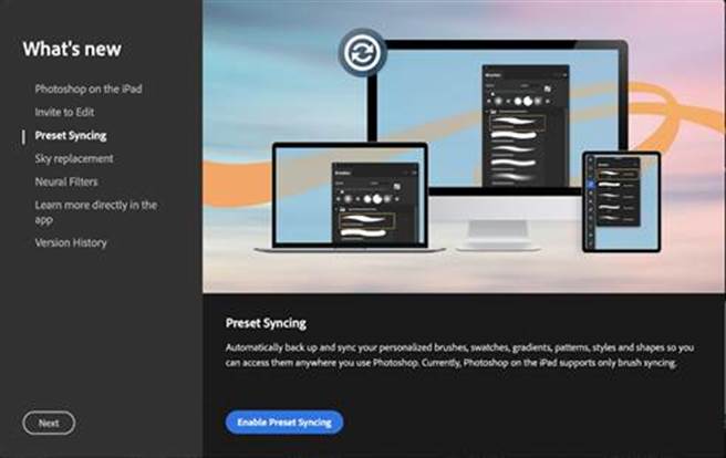启用「预设集同步」功能后，用户在一部装置上的预设集将同步至其 Creative Cloud 及使用相同 Adobe ID 登入的其他桌面装置。(Adobe提供)