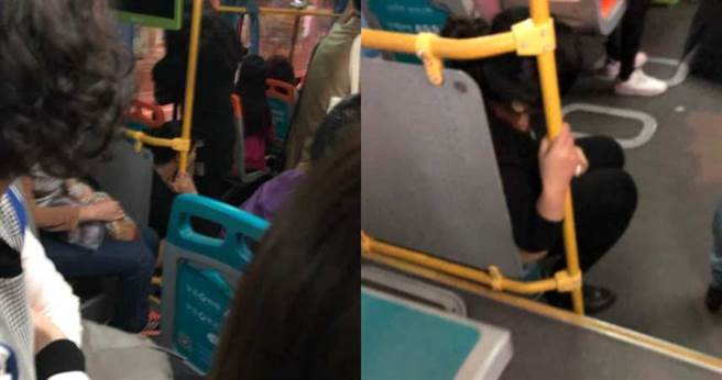 馬尾妹在公車內便溺，其他乘客聞異味紛紛走避。（圖／翻攝自微博）