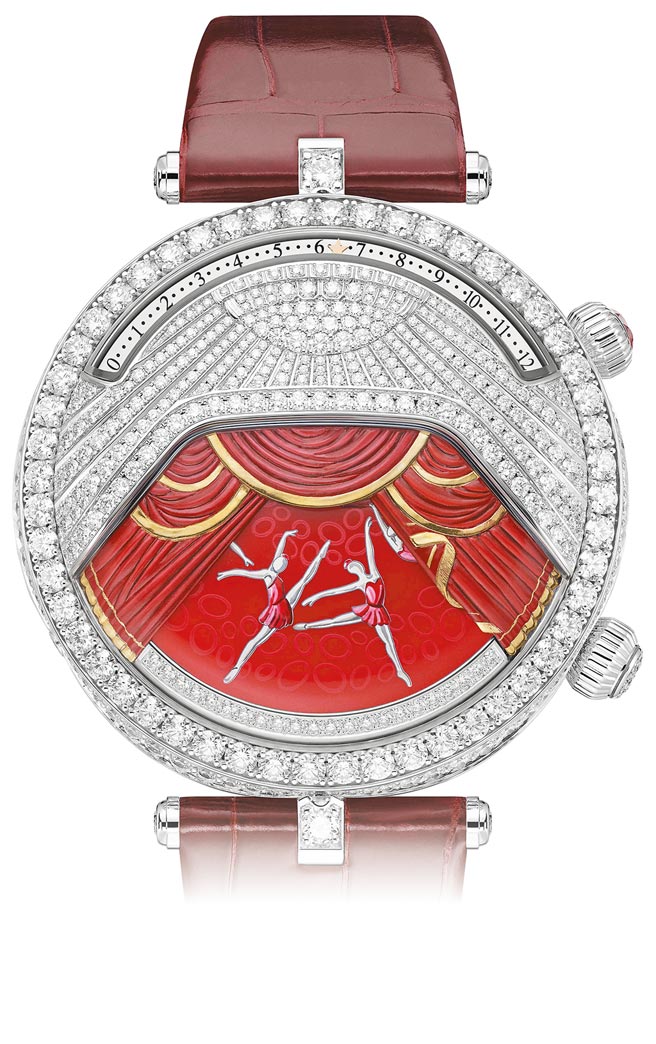梵克雅寶Lady Arpels Ballerine Musicale腕表紅寶石款，主題音樂是史特拉汶斯基的《鋼琴和管弦樂隊隨想曲》，1390萬元。（Van Cleef & Arpels提供 ）