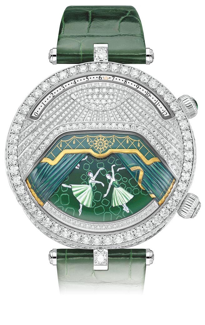 梵克雅寶Lady Arpels Ballerine Musicale腕表祖母綠款，主題音樂是佛瑞的《佩利亞斯與梅麗桑德》，1390萬元。（Van Cleef & Arpels提供 ）