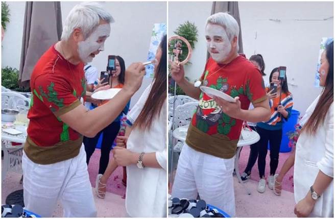 林瑞阳扭腰热舞帮女员工抹面膜的影片，引发网友热议。（图／微博）