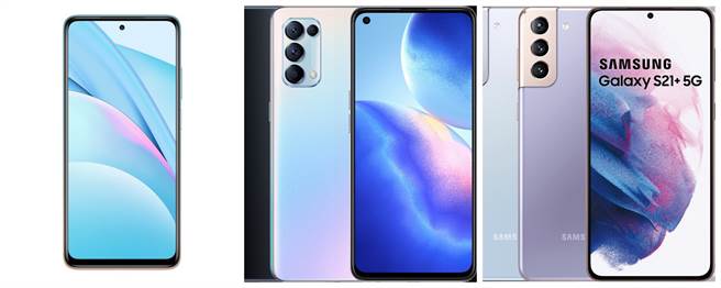 小米10T Lite（左）、OPPO Reno5（中）、Samsung GALAXY S21+(8+256G)。（远传提供／黄慧雯台北传真）