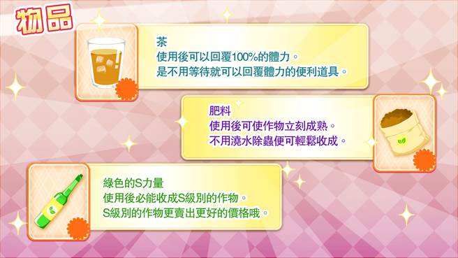 物品道具迅速帮助玩家恢復体力、收割农作物