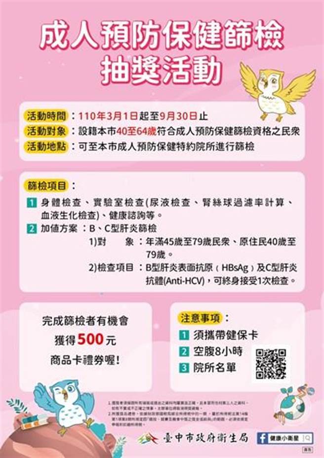 台中市衛生局舉行「成健護健康，篩檢抽好康」活動。（台中市衛生局提供／張妍溱台中傳真）