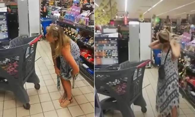 南非一名女子在逛超市未戴口罩，被店员劝说后竟当场脱下黑色丁字裤戴在头上。（图／翻摄画面）
