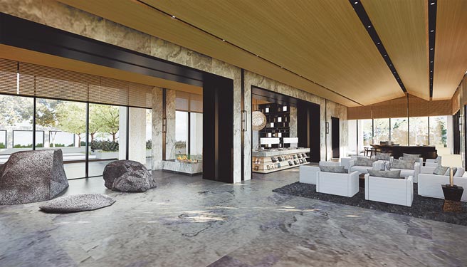 810坪基地零店面，一楼公设右边望出去可看到万坪公园，左边可看到中庭花园。（海悦提供）