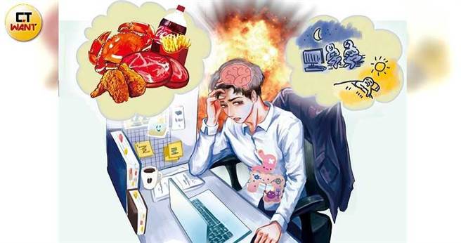 飲食不當和生活節律紊亂，是造成年假症候群的兩大主因，輕者注意力不集中，重者則可能免疫力低下，容易生病。（圖／陳家欣繪）