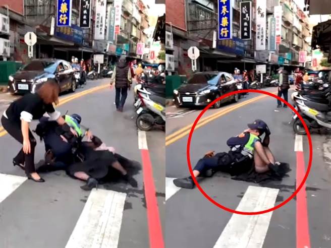 妇人不满轿车遭拖吊，朝开单的员警怒呛，她遭员警摔到在地、泼辣椒水压制。（图／翻摄自脸书爆料公社）