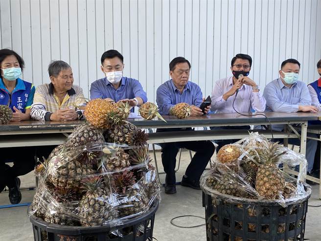 國民黨主席江啟臣今天到關廟鳳梨產區與農民、盤商座談，聽取農民心聲。(曹婷婷攝)