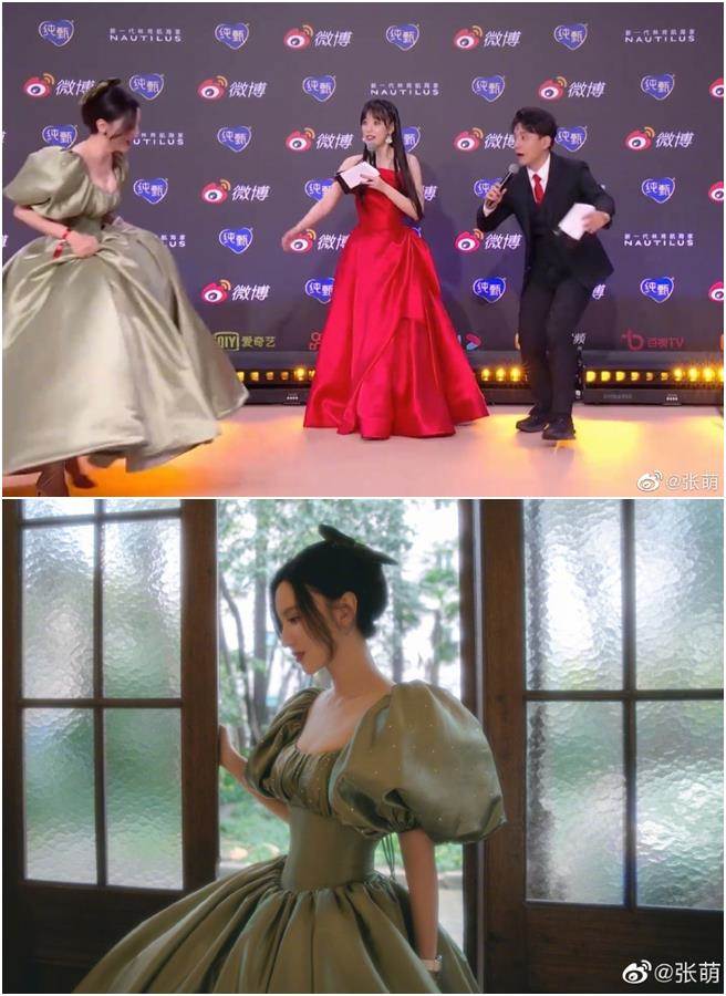 張萌的大篷裙禮服上半身是馬甲設計，卻因此被勒得肋骨疼。（圖／翻攝自微博）