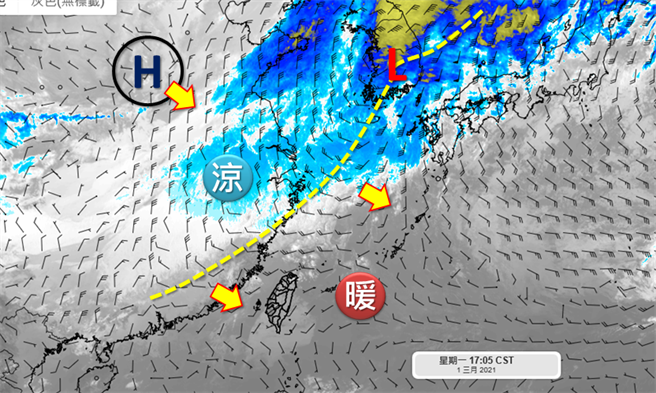 「天气职人」吴圣宇指出，随着228连假结束，新一波锋面系统已逐渐靠近，午夜起将持续扫过台湾上空，届时北部、东部，及中部地区都有局部短暂阵雨机率。(摘自吴圣宇脸书)