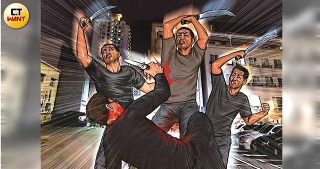 在摩鐵外，蝦米一行人與王重傑爆發衝突，王重傑持摺疊刀刺傷蝦米的兩名小弟，自己也被刺中胸口。（圖／本刊繪圖組）