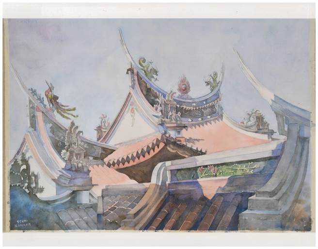 勇夺西画类第1名纪渊博的「早安！乐成宫」，取材宫庙一隅，设色古朴，手法细腻。（万和宫提供）