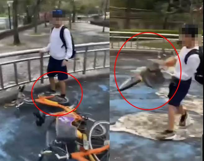 多位未成年孩童把微笑單車YouBike當成玩具，將車舉起來在大力摔在地板上，甚至還站在車輪上不停地跳。（翻攝臉書社團《爆料公社二社》）