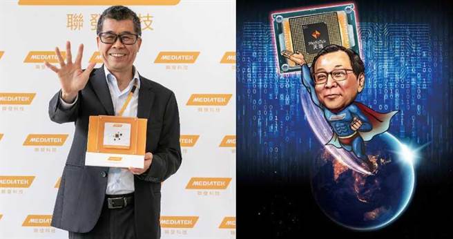 联发科董事长蔡明介在天玑1000产品发表会中，比出5的手势象徵5G；天玑系列也是蔡明介找来蔡力行担任执行长，双蔡合作下最具代表性的产品。（图／陈家欣绘、联发科提供）