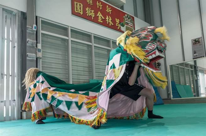 芎林金獅團表演客家獅，隨著鼓聲盤繞靈動。（羅浚濱攝） 