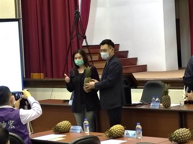国民党中常委应晓薇今带凤梨，送给江启臣及所有中常委。（黄福其摄）