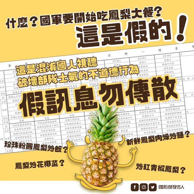 针对网路流传「国军凤梨满汉全席菜单」乙情，国防部今（3）日严正驳斥为假讯息。(图 翻摄自国防部网站)