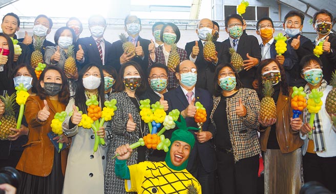 行政院长苏贞昌（后排右五）2日在立法院出席记者会，与立法院长游锡堃（后排右七）等阁员及民进党多名立委一同促销屏东凤梨。（张铠乙摄）