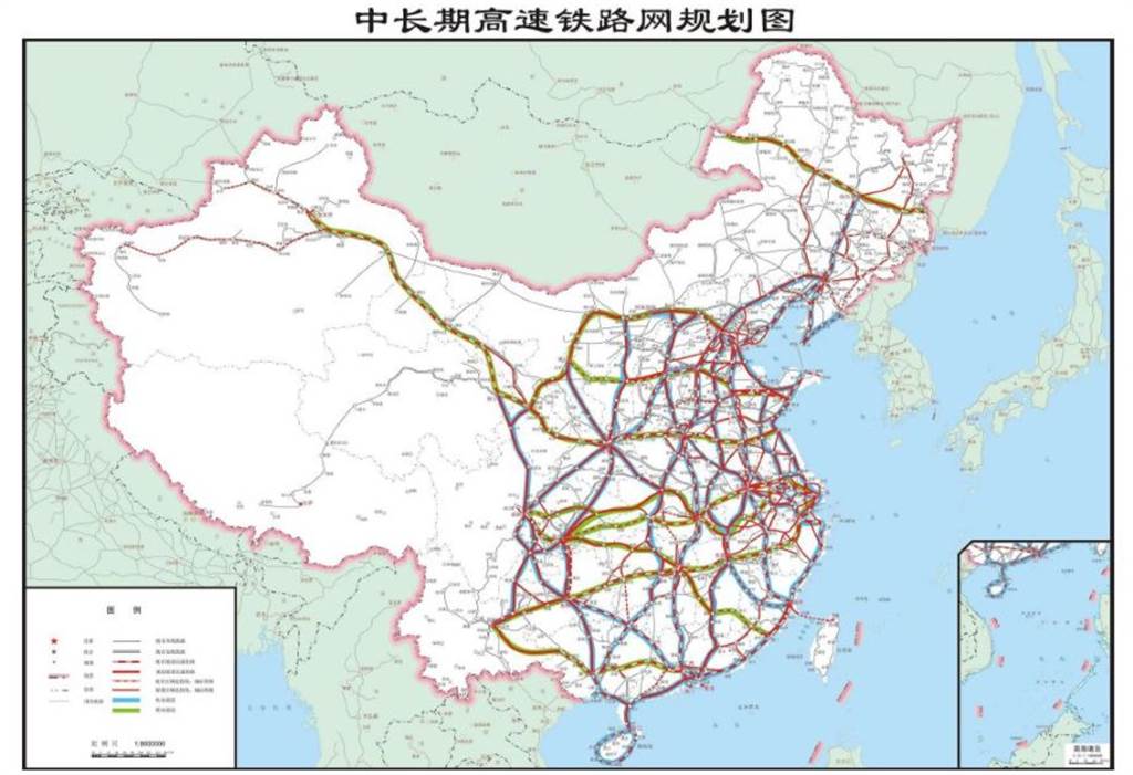大陸高速鐵路規劃圖呈網狀結構與以北京為中心的放射性布局。圖為2016年《中長期鐵路網規劃》的高鐵網絡。（圖／大陸交通部）