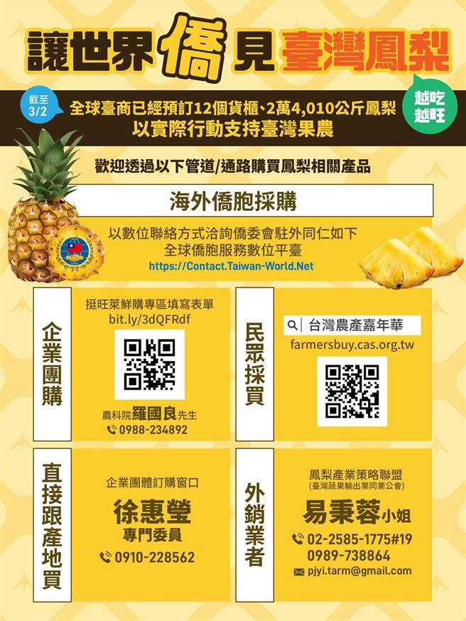 侨委会鼓励海外侨胞认购臺湾凤梨。（图／摘自侨务委员会OCAC脸书）