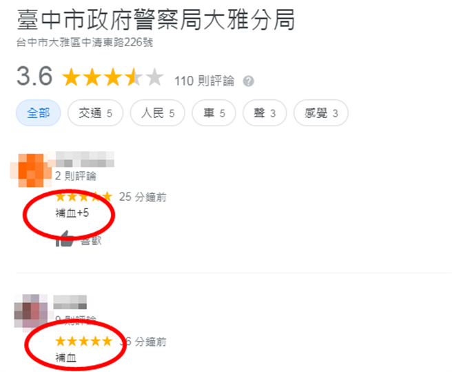 许多网友开始在大雅分局留下5星评价，希望就此为分局「补血」打气，截至今天早上10点，该分局的评分已到3.6颗星。（图／翻摄自网页）