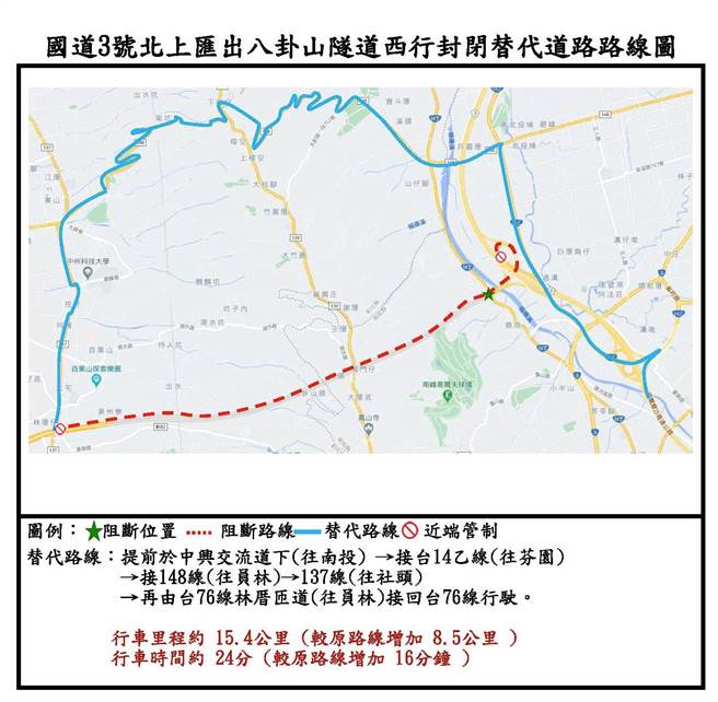 台76线与台74线办理桥梁车载试验夜间封闭改道措施，替代道路路线图。（公路总局提供）