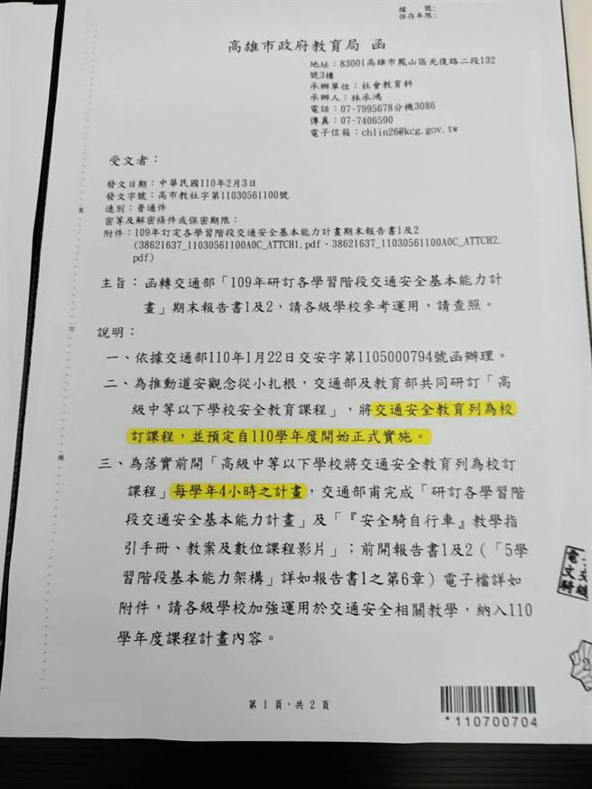 高雄市政府函转交通部公文(简立欣摄)