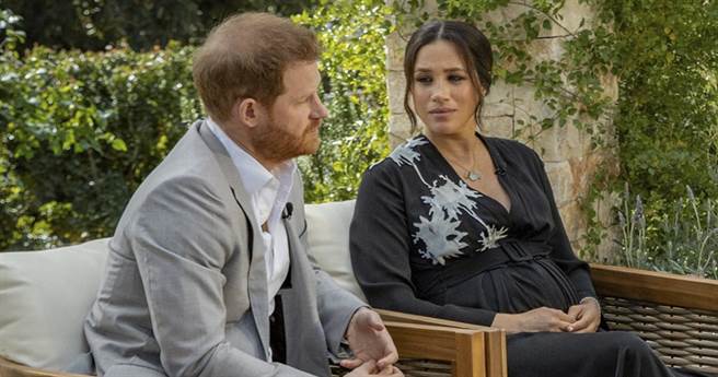 萨塞克斯公爵夫人梅根和夫婿哈利接受美国脱口秀女王欧普拉专访的神情。（美联社）