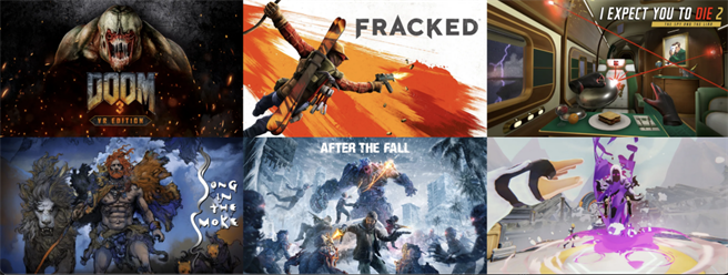 6款即将登陆PS VR的游戏（左至右、上至下）：《DOOM 3：VR版》、《Fracked》、《I Expect You To Die 2: The Spy And The Liar》、《Song in the Smoke》、《After the Fall》、《Zenith》。（摘自PlayStation Blog）
