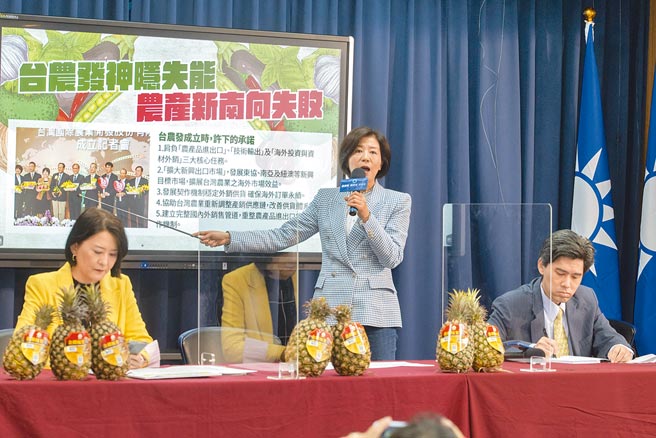 国民党文传会副主委王鸿薇（左起）、主委王育敏、大陆事务部主任左正东4日召开「台农发神隐失能‧农产新南向失败」记者会，王育敏表示，中央成立台农发以来累积亏损高达7800万，相当于资本额的1/3。也不见兑现以往承诺要做的「农产品进出口」、「技术输出」、「海外投资与资材外销」三大核心任务。（杜宜谙摄）