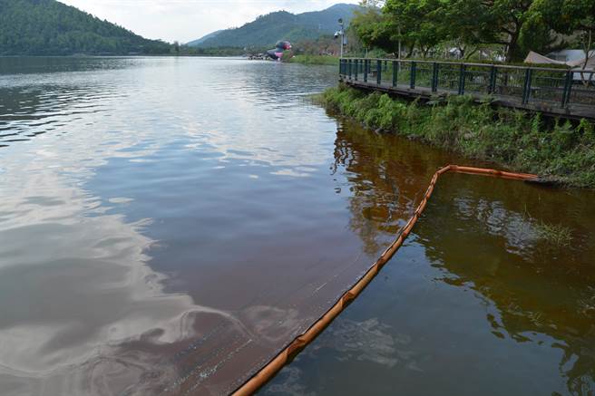 花蓮知名景點鯉魚潭，最近水岸邊出現大量暗紅色漂浮物。確認葡萄球藻，無毒。（王志偉攝）