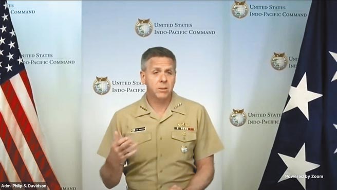 美軍印太司令部司令戴維森（Philip Davidson）5日在美國企業研究所（AEI）線上對談中表示，提供台灣不對稱戰力以自我防衛，持續對台軍售，至關重要。（摘自AEI官網）