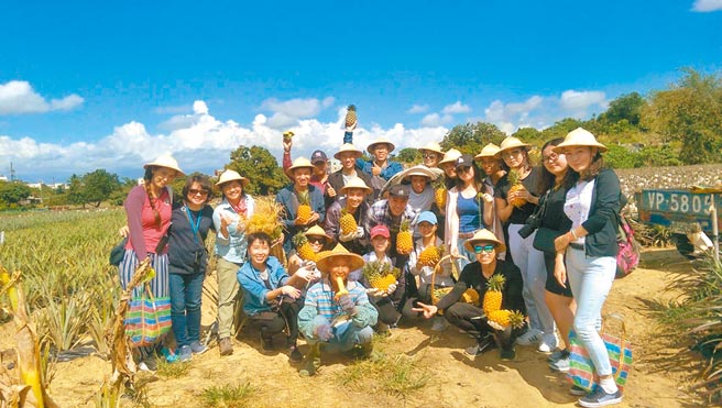 「旺來伯」謝巽宗（前）與當「一日農夫」的遊客同樂。（翻攝照片／林瑞益高雄傳真）